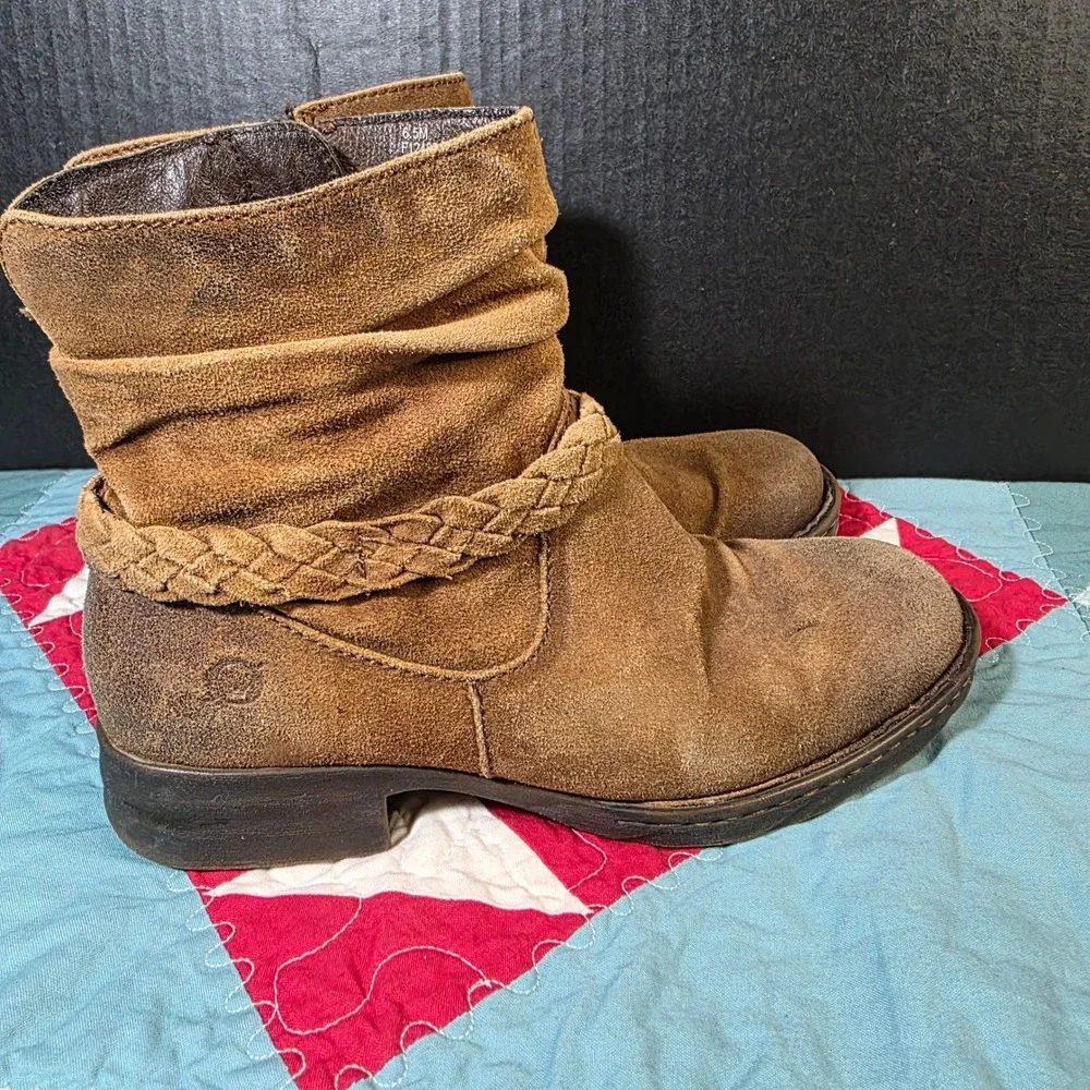 Born‎ Suede Ankle Boots Womens 6.5M Tan Brown Slouchy Distressed Braided Strap